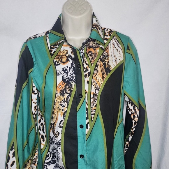 Womens Urbanic Leopard Print Green Colorblock Long Sleeve Button Front Shirt XS - Picture 5 of 9